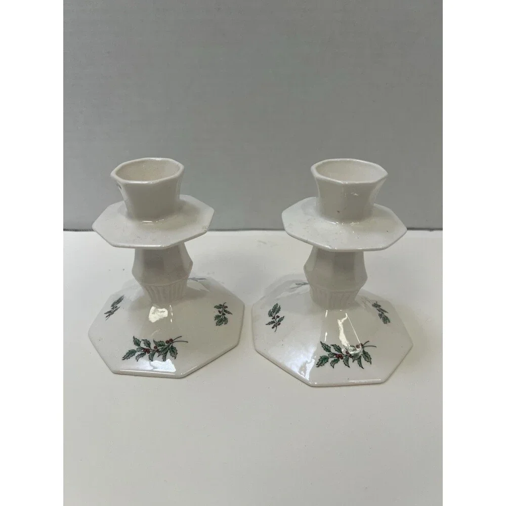 2 NIKKO Candlesticks White Porcelain Christmas Candle Holders Holly Leaf Berry